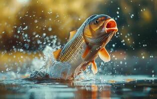 Carp Leaping From Water With Open Mouth photo
