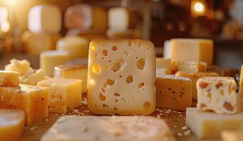 Assortment of Swiss Cheese Blocks on Wooden Surface photo