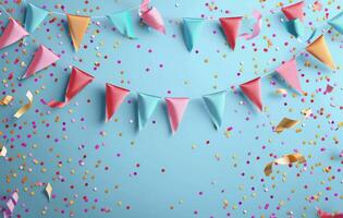 Colorful Party Banner With Confetti on Blue Background photo
