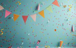 Colorful Confetti and Party Flags Falling on Blue Wall photo
