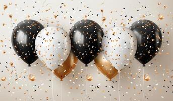 Black, White, and Gold Balloons With Confetti on White Background photo