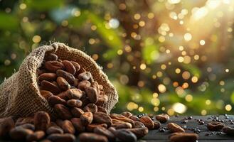 A Burlap Sack Filled With Cocoa Beans on a Wooden Surface photo