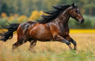 Brown Horse Running Through Field of Grass on Sunny Day photo