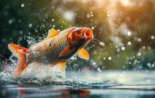 Carp Leaping From Water With Open Mouth photo