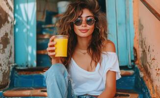 Woman Drinking Orange Juice on Steps in Front of Blue and Yellow Doors photo