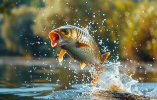 Carp Leaping From Water With Open Mouth photo