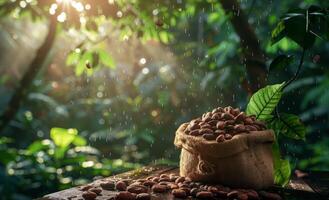 A Burlap Bag Filled With Cocoa Beans In A Lush Rainforest Setting photo