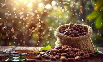 A Burlap Sack Filled With Cocoa Beans on a Wooden Surface photo