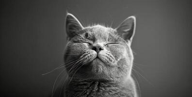 A Grey Cat With Whiskers Smiled In Black And White photo