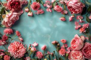 Pink Flowers Arranged in a Circle on a Teal Background photo