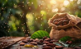 A Burlap Sack Filled With Cocoa Beans on a Wooden Surface photo