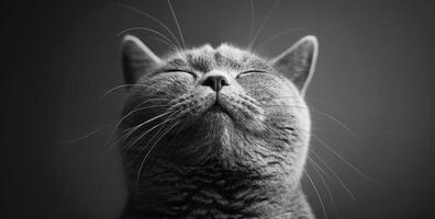 A Grey Cat With Whiskers Smiled In Black And White photo