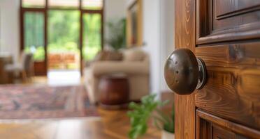 Closeup of a Wooden Door Knob in a Modern Home photo