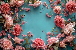 Pink Flowers Arranged in a Circle on a Teal Background photo