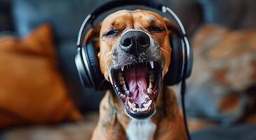 Brown Dog Wearing Headphones Yawning While Sitting On A Couch photo
