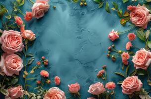 Pink Flowers Arranged in a Circle on a Teal Background photo