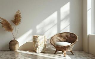 Wicker Rocking Chair in a Sunlit Room With Dried Flowers and a White Vase photo