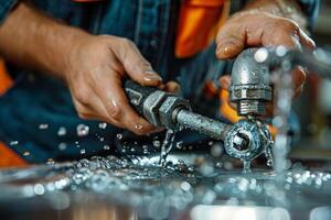 Close Up Of A Plumbers Hand Tightening A Leaky Pipe photo