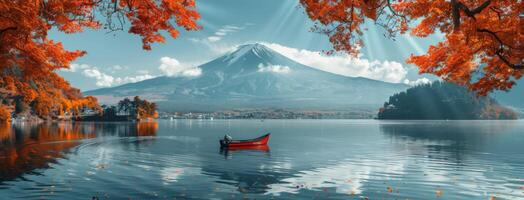 A Single Rowboat Under Autumnal Trees With Mount Fuji in the Background photo
