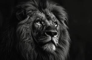 A Black And White Portrait of a Majestic Lion With a Full Mane photo