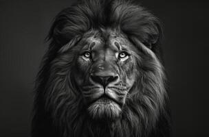 A Black And White Portrait of a Majestic Lion With a Full Mane photo