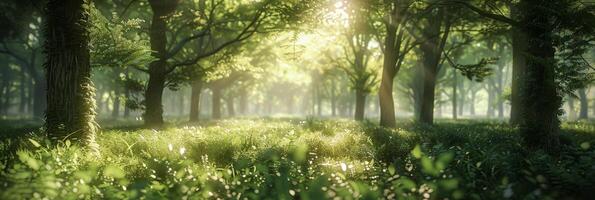Sunlit Forest Path in Early Morning Mist photo