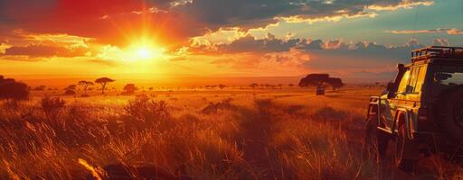 Safari Vehicle Parked in Grassland at Sunset photo