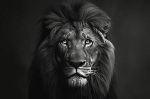A Black And White Portrait of a Majestic Lion With a Full Mane photo