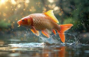 Golden Carp Leaping From Water On Sunny Day photo