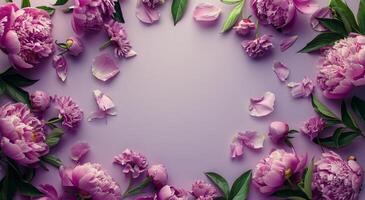 Pink and Purple Peonies and Petals Arranged on a Lilac Background photo