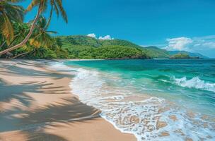 Tranquil Tropical Beach With Lush Mountains and Palm Trees photo