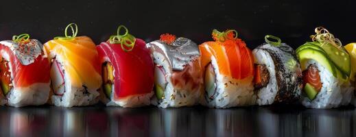 A Colorful Assortment of Fresh Sushi Rolls on a Black Plate photo