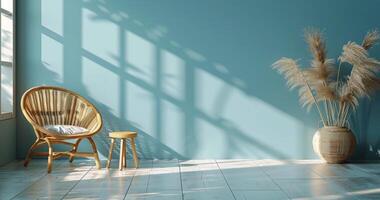 Rattan Chair and Side Table in a Light-Filled Room With Dried Pampas Grass photo