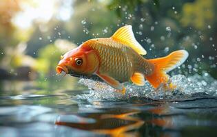 Golden Carp Leaping From Water On Sunny Day photo