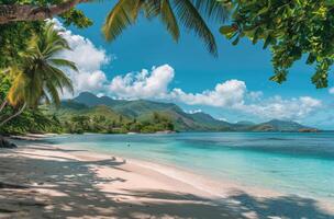 Tranquil Tropical Beach With Lush Mountains and Palm Trees photo