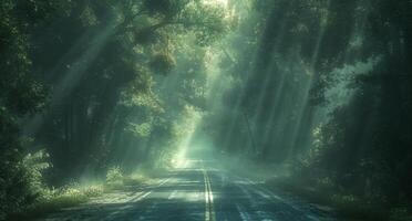 Sunbeams Through A Forest Road In The Early Morning Mist photo