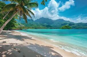 Tranquil Tropical Beach With Lush Mountains and Palm Trees photo