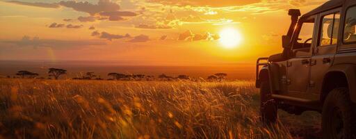 Safari Vehicle Parked in Grassland at Sunset photo