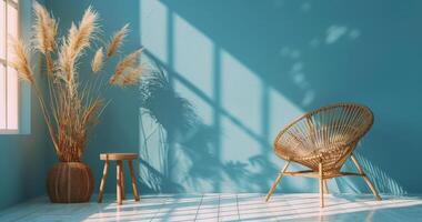 Rattan Chair and Side Table in a Light-Filled Room With Dried Pampas Grass photo