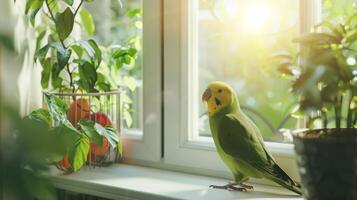 A parakeet with yellow head feathers sits on a windowsill, looking out the window. There are two potted plants on the sill, one with red fruits. Sunlight shines through the window behind the bird. photo