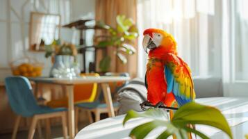 A bright red, yellow, and blue parrot perches on a branch in a sunlit room with table and chairs in the background. The parrots colorful feathers stand out against natural light through the window. photo