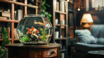 A goldfish swims in a glass bowl filled with water and plants, sitting on a wooden table in a living room. photo