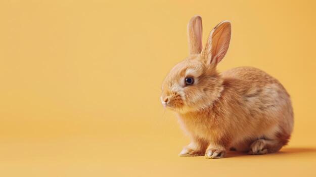 A brown rabbit sits on a yellow background, facing left with its ears perked up. photo