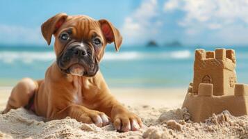 A brown boxer puppy lies on the sand at the beach, looking at the camera. Behind the puppy is a sandcastle. photo