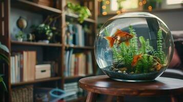 A round fish bowl with two goldfish swimming inside, sitting on a wooden table with a bookshelf in the background. photo
