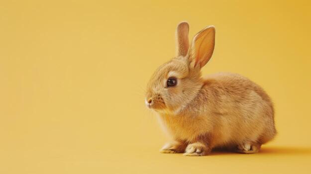 A small, brown rabbit sits on a yellow background, facing to the left. It has large ears and a fluffy tail. photo
