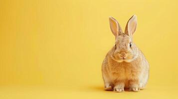 A brown rabbit sits on a yellow background, looking directly at the camera. photo