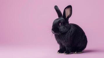 A black rabbit sits on a pink background, looking to the side. photo