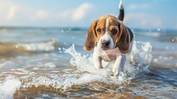 A cute beagle puppy runs through the foamy waves of the ocean on a sunny day. photo