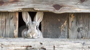 A gray rabbit peeks out from a small opening in a wooden structure. Its eyes are focused on the camera, and its whiskers are visible. photo